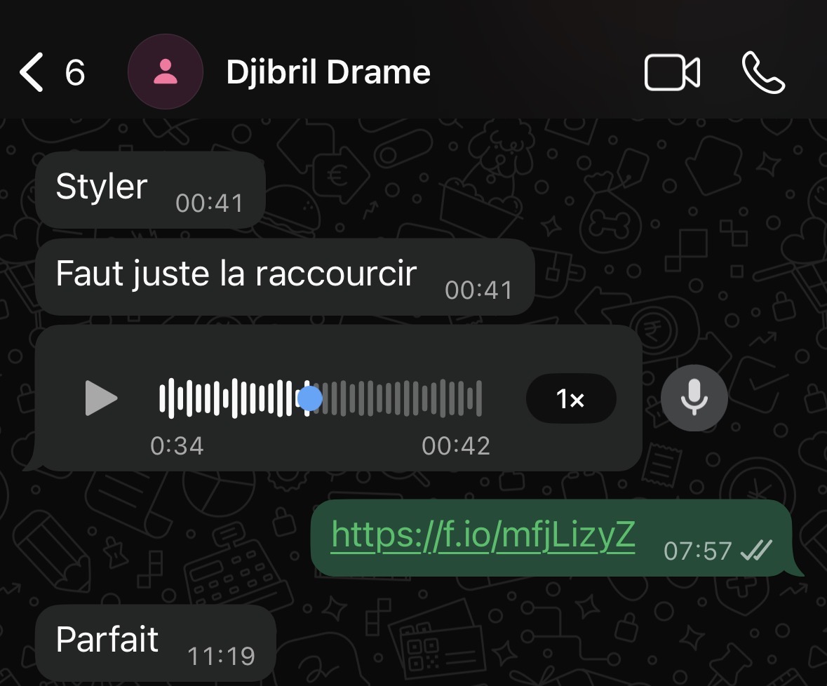 Preuve client : retour WhatsApp sur montage vidéo Chadrac Studio
